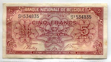 BELGIUM 1943 5 FRANCS