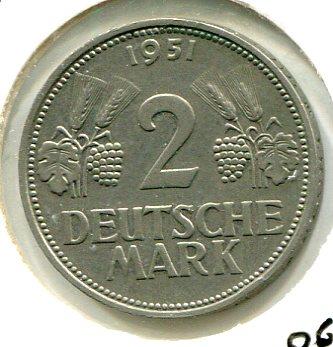 GERMANY 1951G 2 MARKS 'RARE' (02)