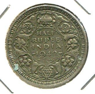 INDIA BR. 1942 1/2 RUPEE SCARCE