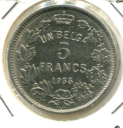 BELGIUM 1933 FR 5 FRANC 'SCARCE'