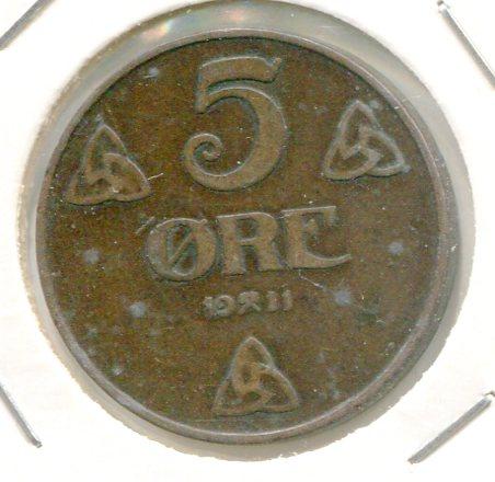 NORWAY 1911 5 ORE