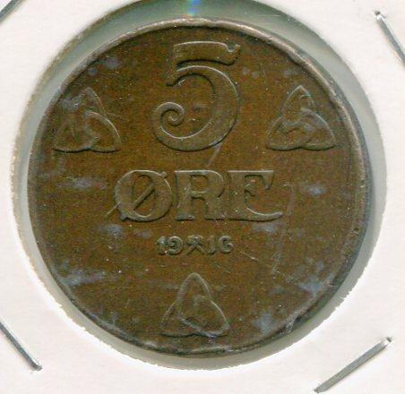 NORWAY 1916 5 ORE SCARCE