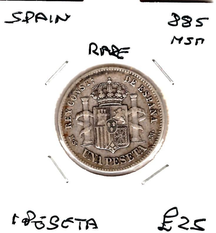 SPAIN 1885 MSM 1 PESETA GF/VF 'RARE' (02)