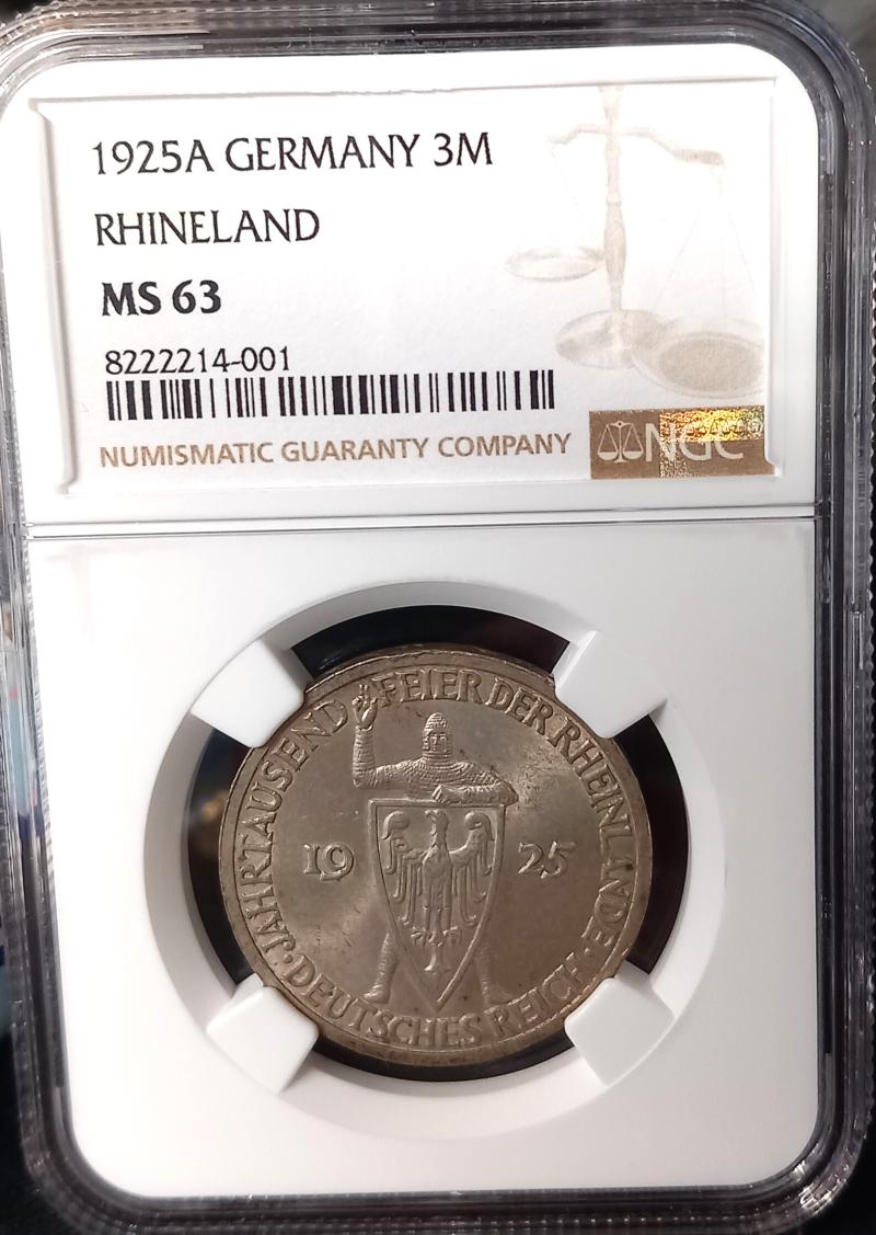 GERMANY RHINELAND 1925A 3 MARKS SLABBED