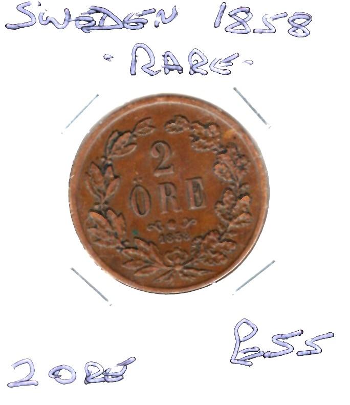 SWEDEN 1858 2 ORE RARE